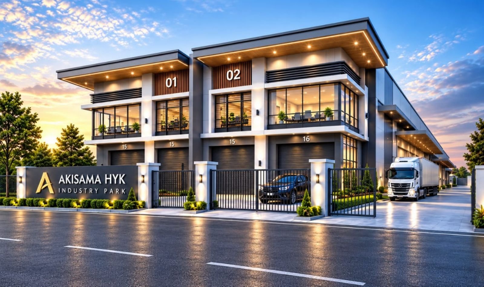 Akisama HYK Industry Park semi-detached factories at dusk, artist's impression