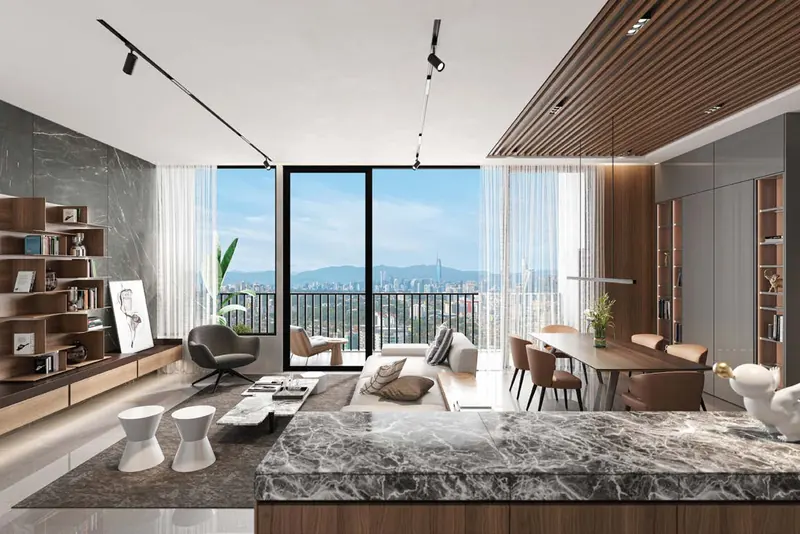 Living room of a show unit with floor-to-ceiling windows overlooking the city