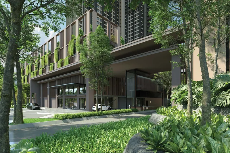Tree-lined landscaped podium with a green-walled building and a garden lawn