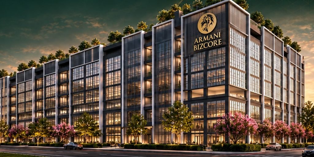 Armani Bizcore seven-storey ramp-up business hub at dusk in Bandar Bukit Raja, Klang, artist's impression