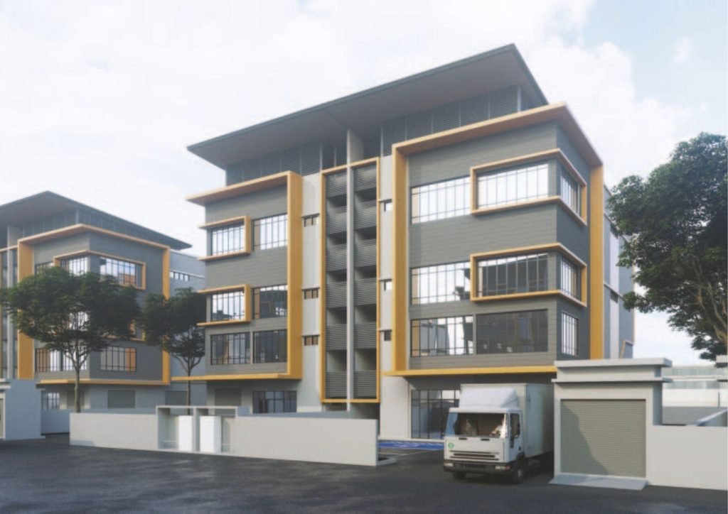 Three-storey semi-detached factory with a lorry at its gated loading entrance at Kajang Industrial Park by ATS Armani, artist's impression