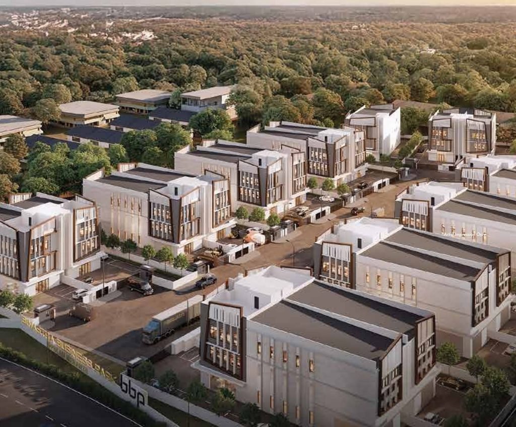 Aerial view of three-storey semi-detached factories at Binastra Business Park, Pulau Meranti, Puchong, artist's impression