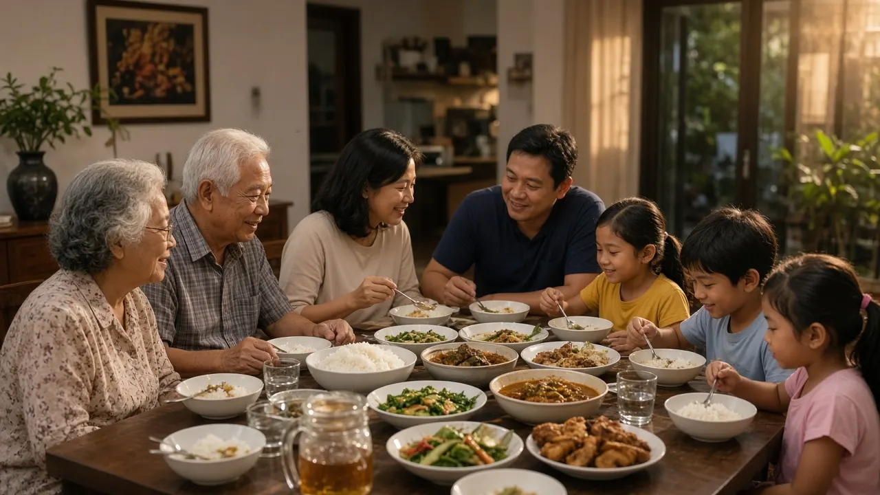 Multigenerational family sharing dinner at home