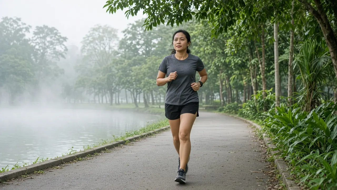 Morning jog on a leafy lakeside park path