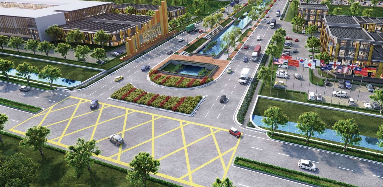 NCT Smart Industrial Park entrance boulevard and factories from above, artist's impression