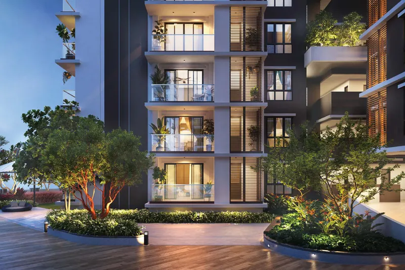 Tower facade with planted balconies above a landscaped podium deck