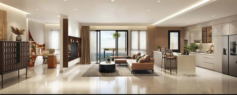 Open-plan living, dining and kitchen area of a show unit