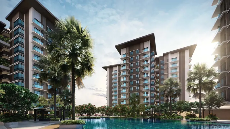 Residents' swimming pool lined with palms in front of two Rimbun Saujana towers